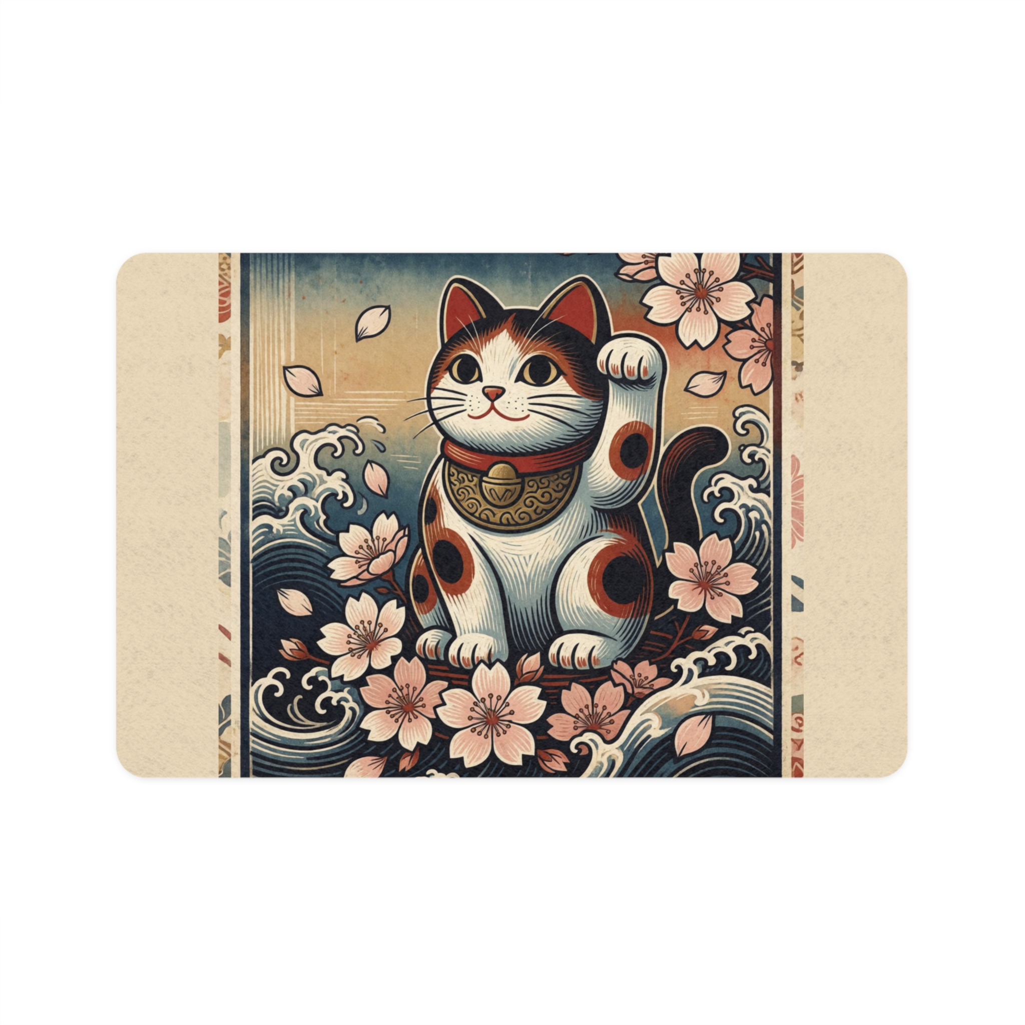Lucky Maneki Neko Pet Food Mat (12x18) — Japanese Cat Bowl Placemat with Cherry Blossoms